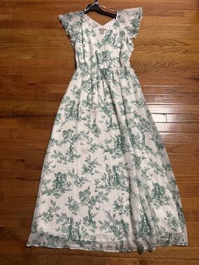 H&M White V-Neck Dress with Green Scenic Print